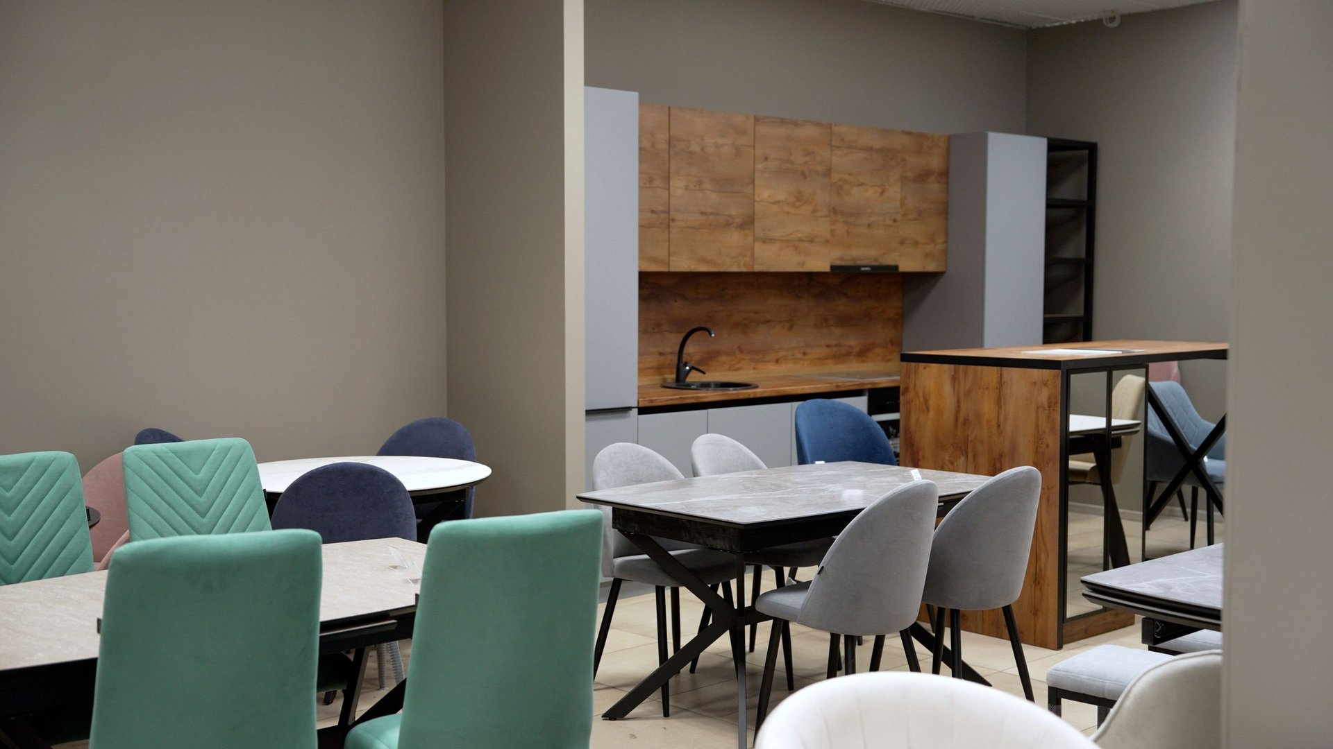 Modern office break room with micro market