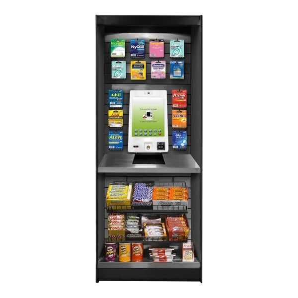 Black vending machine with digital screen displaying snack options and lower compartment stocked with packaged foods and beverages