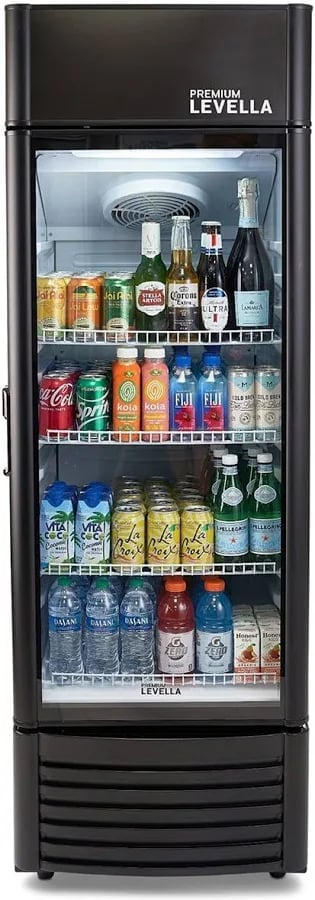 Black Levella premium beverage cooler display refrigerator stocked with various drinks, beers, and beverages on four shelves