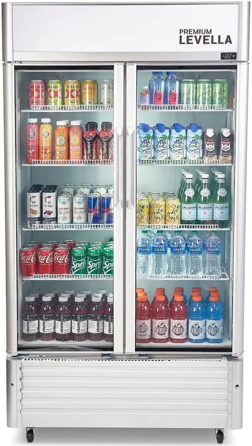 Premium Levella commercial refrigerator with two glass doors displaying various beverages including soft drinks, energy drinks, and water bottles on multiple shelves