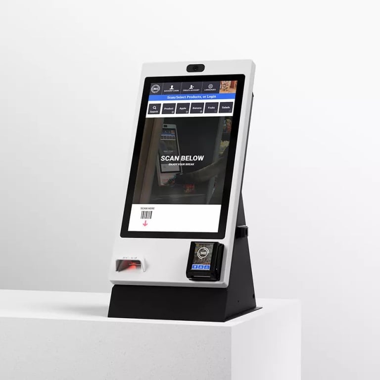 Self-checkout kiosk with touchscreen display, barcode scanner, and card reader on black and white base